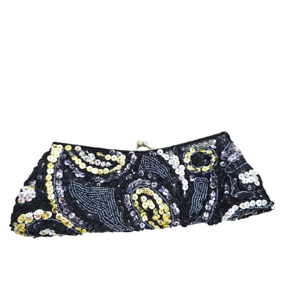 Moni Couture Black Gold Paisley Embellished Sequin Convertible Evening Clutch